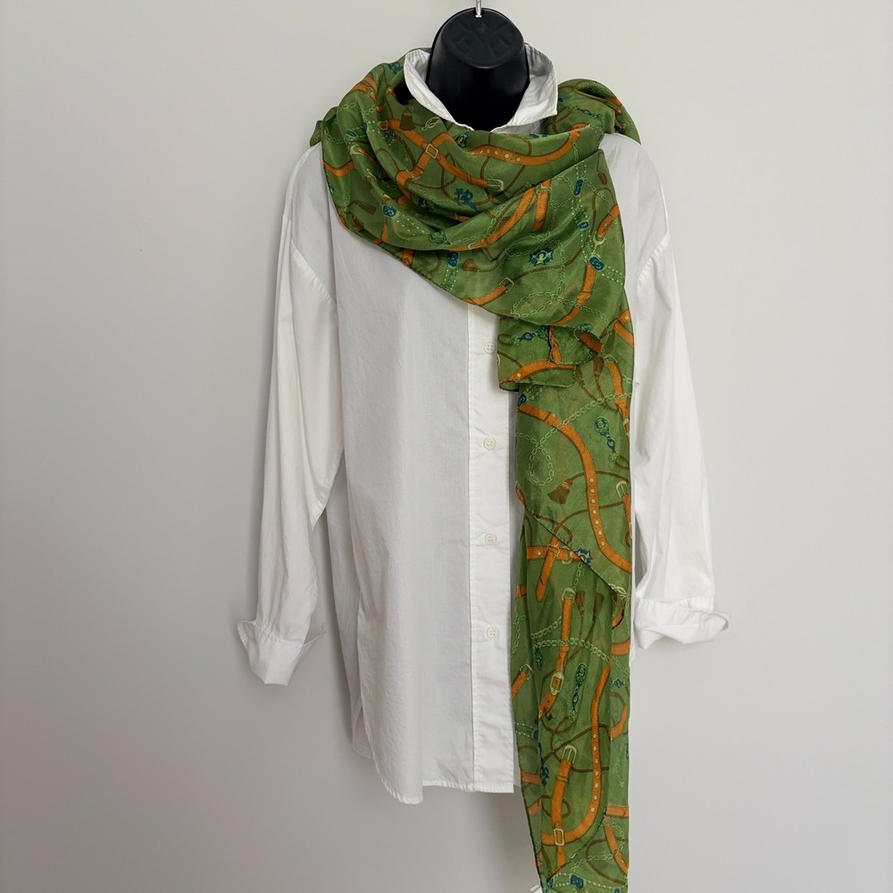 Green Silk Equestrian Belt Chain Print Scarf Oversized Rectangular Wrap 70x44